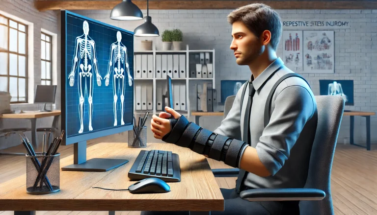 A realistic widescreen image depicting a repetitive stress injury in an office setting. The scene shows a worker sitting at a desk, typing on a comput