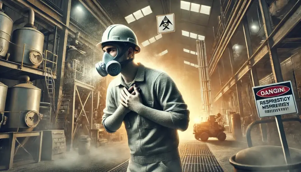 A realistic widescreen image depicting a respiratory illness injury in an industrial workplace. The worker is wearing a protective mask, but still sho