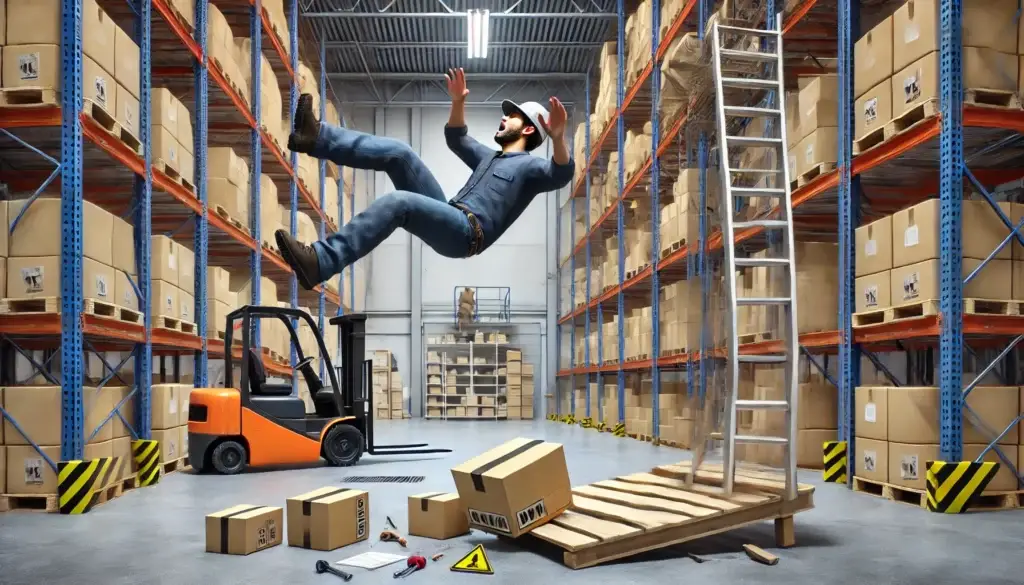 A realistic widescreen image depicting a warehouse worker falling from a significant height, potentially causing a bone fracture. The worker is shown