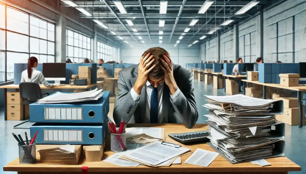 A realistic widescreen image showing a mental health occupational injury in the workplace. The scene features a worker in an office setting, visibly s