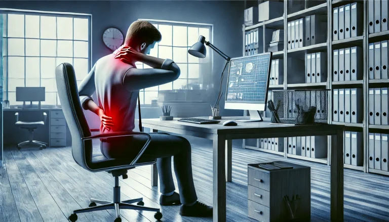 realistic widescreen image of a repetitive stress injury in an office setting, focusing on neck and shoulder pain. The scene shows a worker at theirrealistic widescreen image of a repetitive stress injury in an office setting, focusing on neck and shoulder pain. The scene shows a worker at their